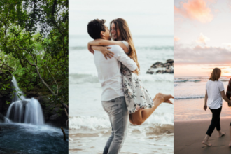 a collage of a man holding a woman on a beach