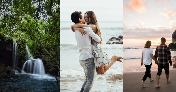 a collage of a man holding a woman on a beach